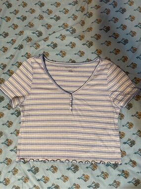 American Eagle Outfitters Blue & White Striped V‑Neck Henley Crop Top